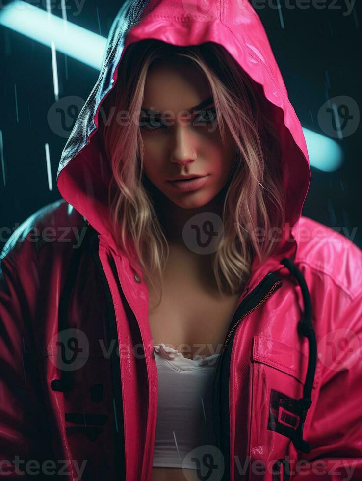 a woman in a pink rain jacket standing in the rain generative ai ...