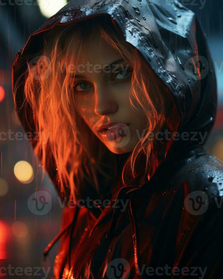 a woman in a rain jacket and hoodie in the rain generative ai photo
