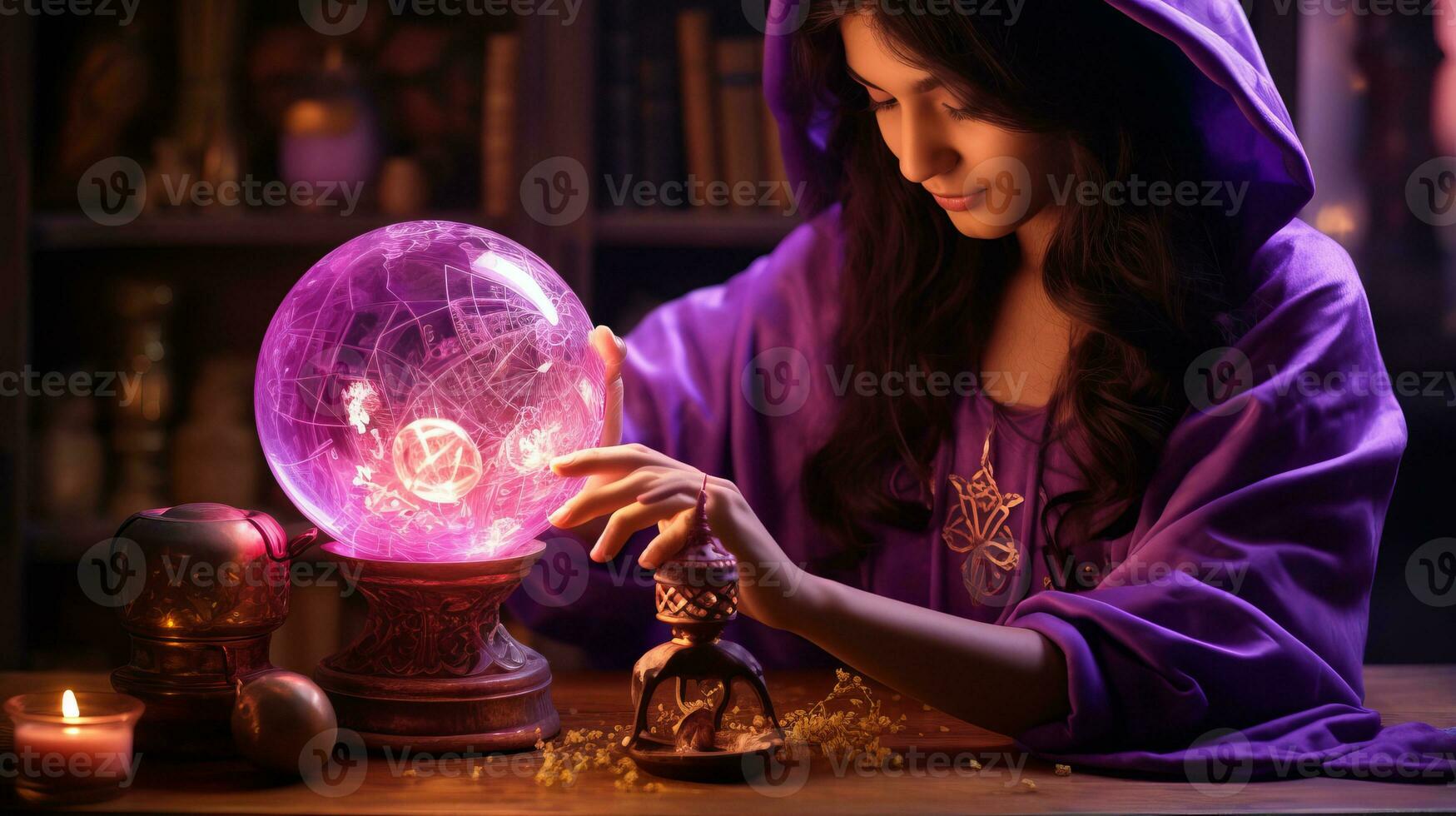 a woman in a purple robe is looking at a crystal ball generative ai photo