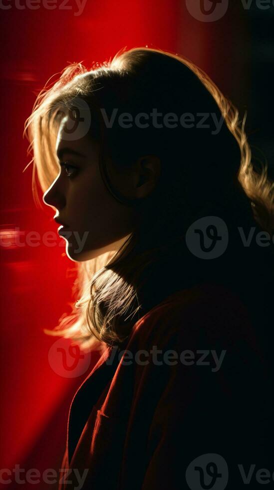 a woman in a red coat standing in front of a red light generative ai photo