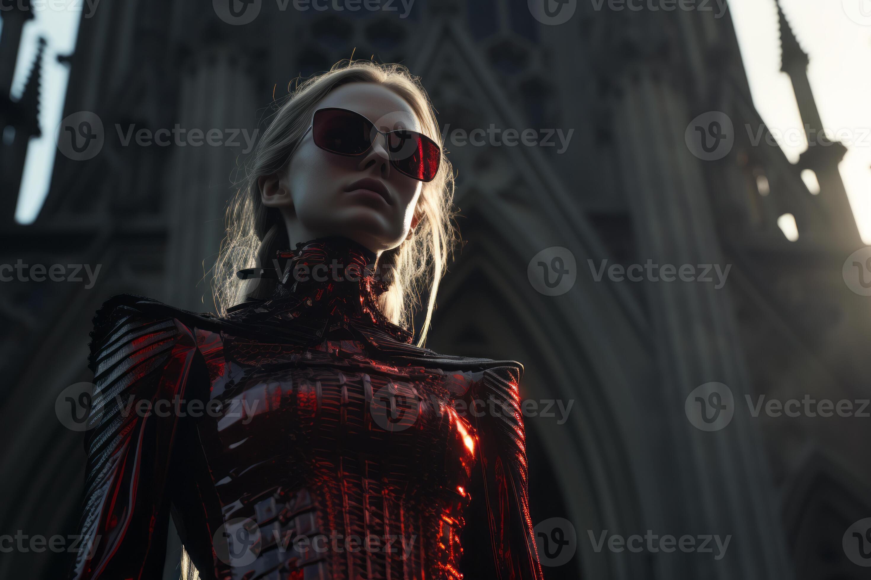 a woman in a red dress and sunglasses stands in front of a church