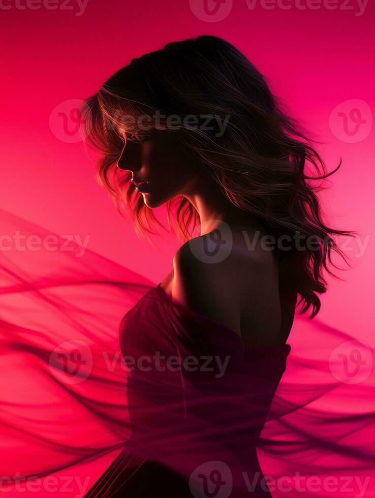a woman in a red dress is silhouetted against a pink background generative ai photo