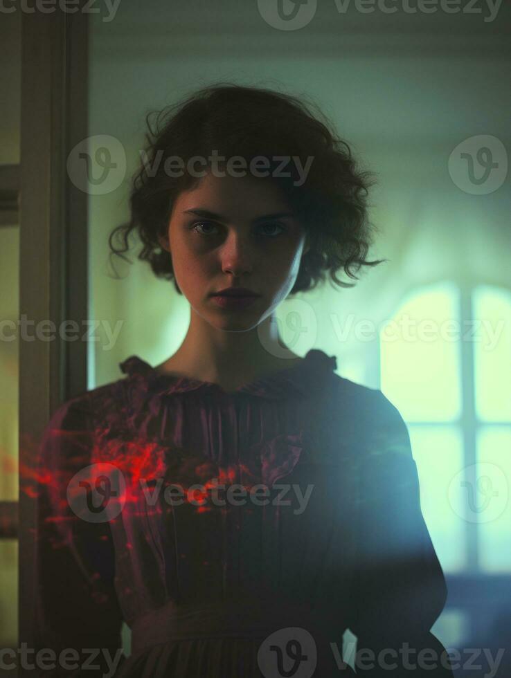 a woman in a red dress standing in front of a door generative ai photo