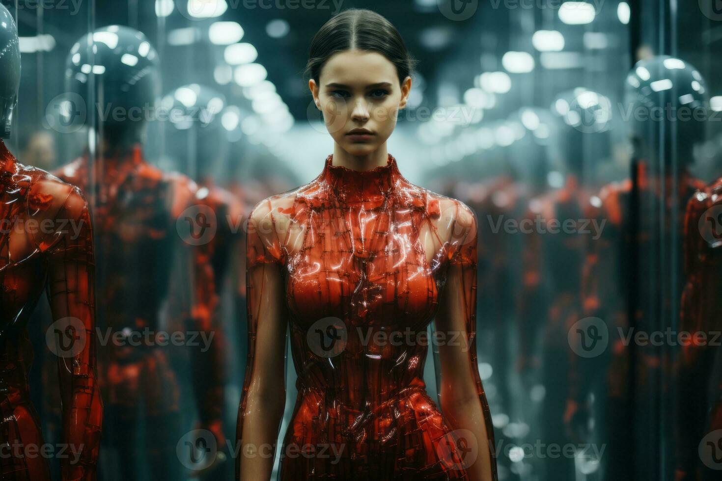 a woman in a red dress standing in front of a mirror generative ai photo