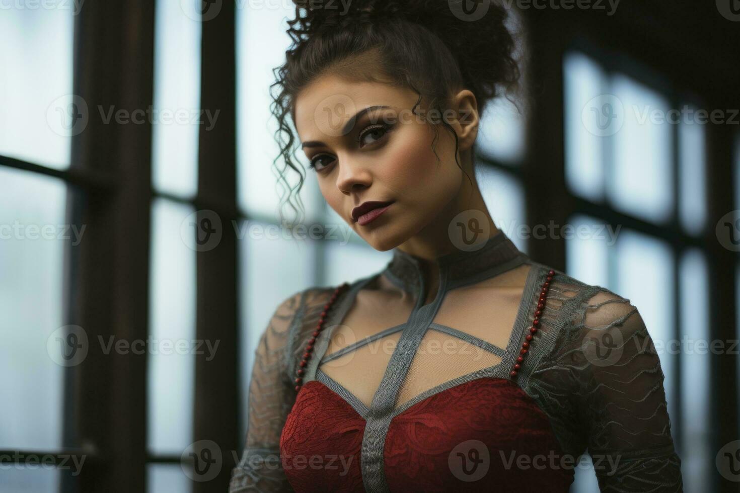 a woman in a red dress standing in front of a window generative ai photo
