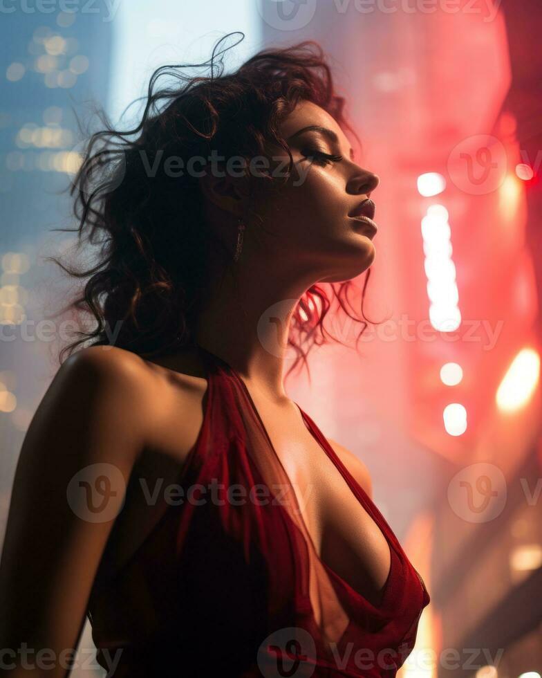 a woman in a red dress standing in front of city lights generative ai photo
