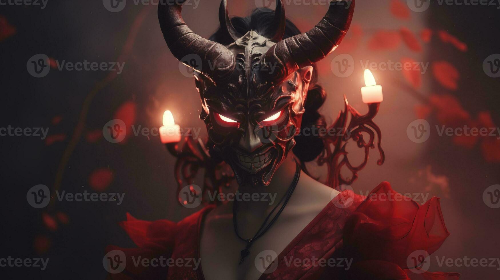 a woman in a red dress with horns and candles generative ai photo