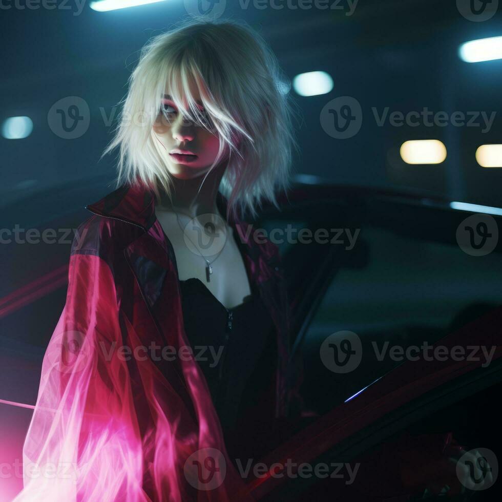 a woman in a red dress standing next to a car generative ai photo