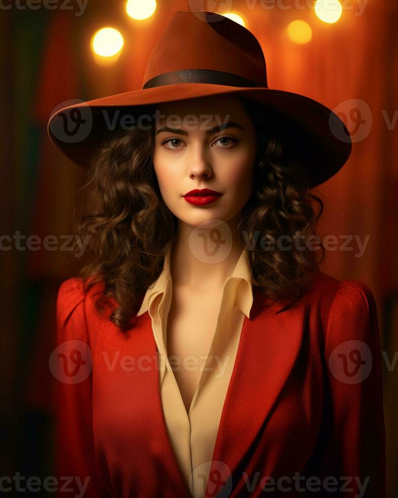 a woman in a red hat and jacket posing for the camera generative ai photo