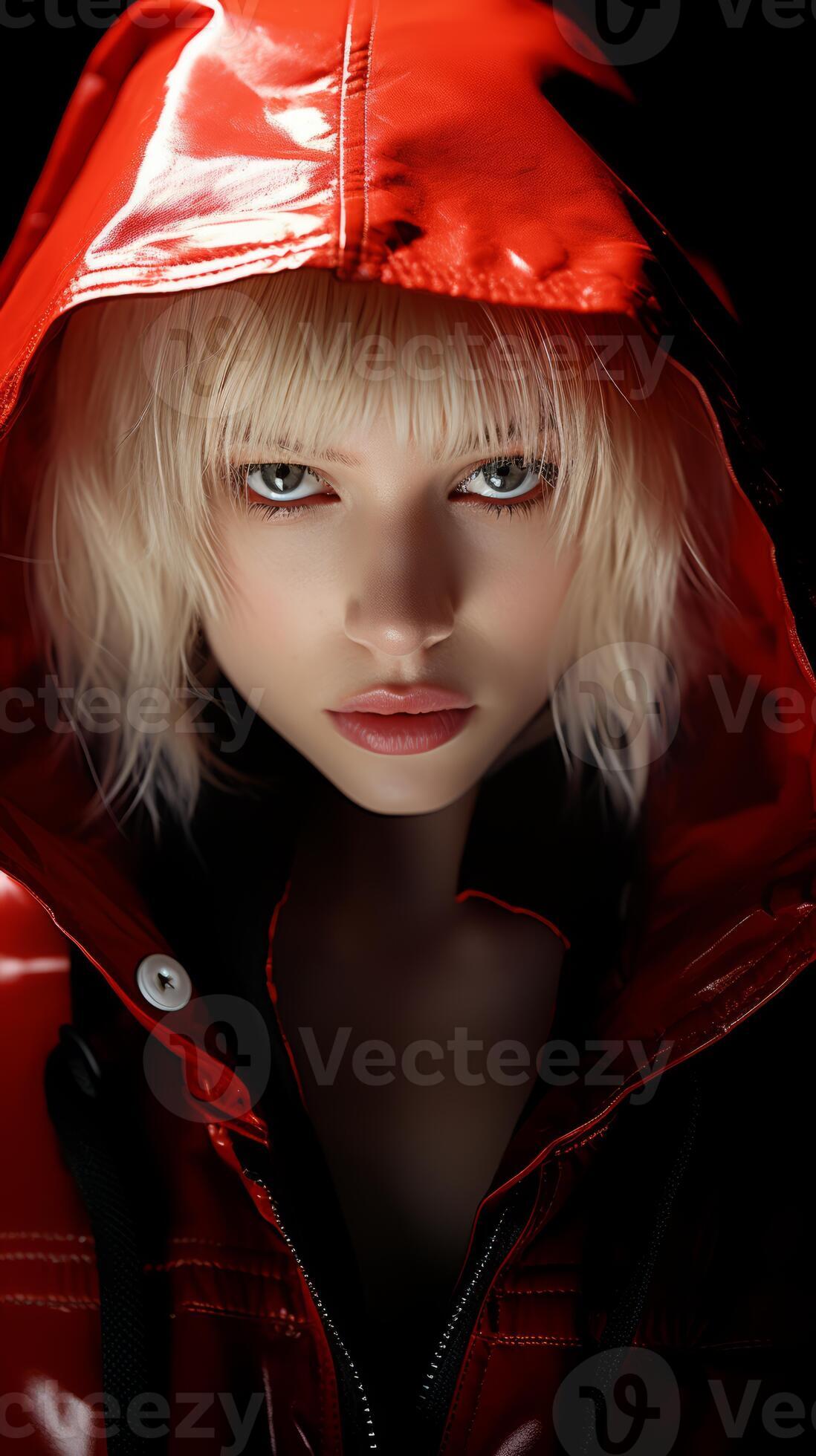 a woman in a red hooded jacket generative ai 32122856 Stock Photo at