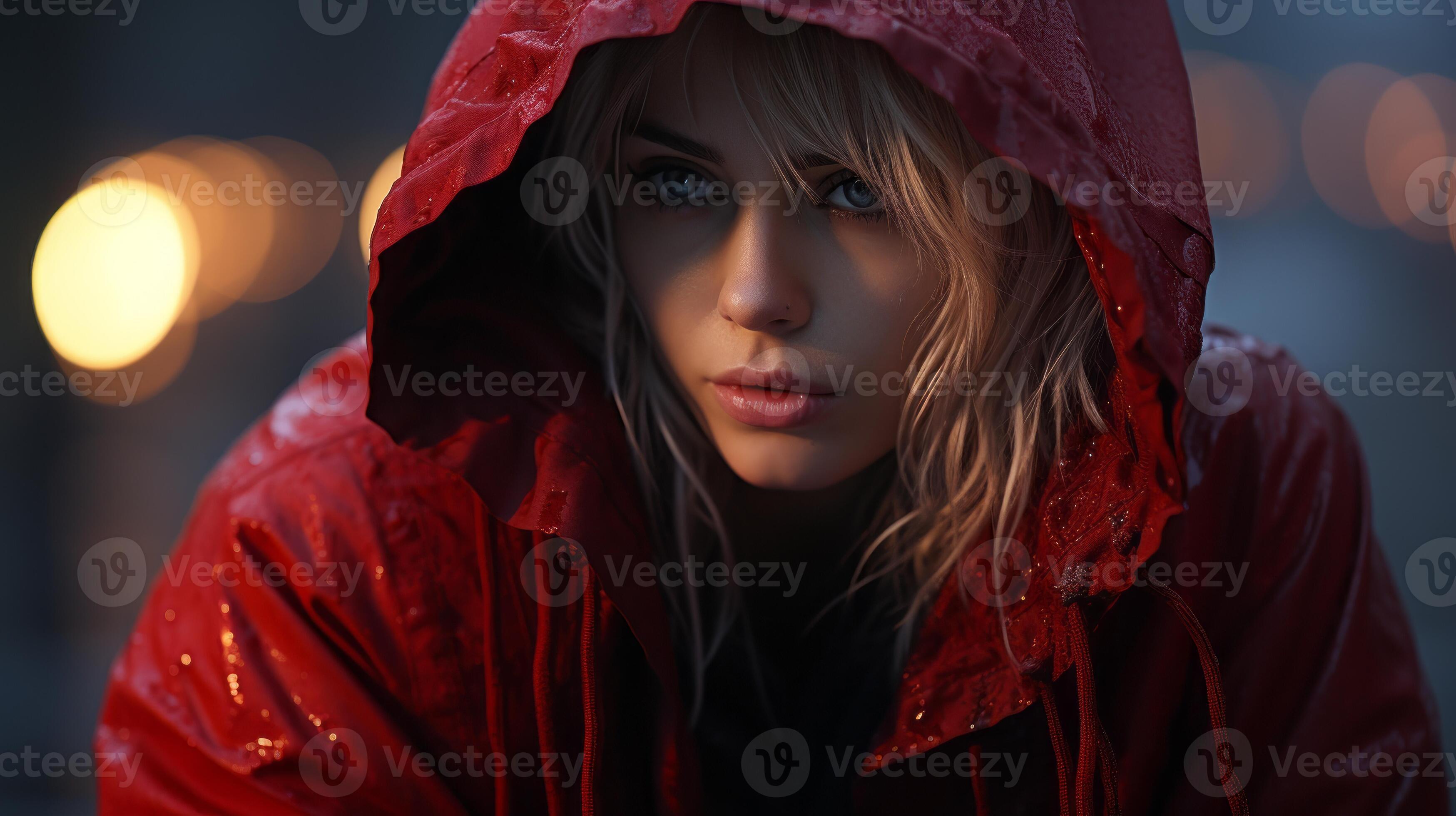 a woman in a red hooded jacket generative ai 32122858 Stock Photo at