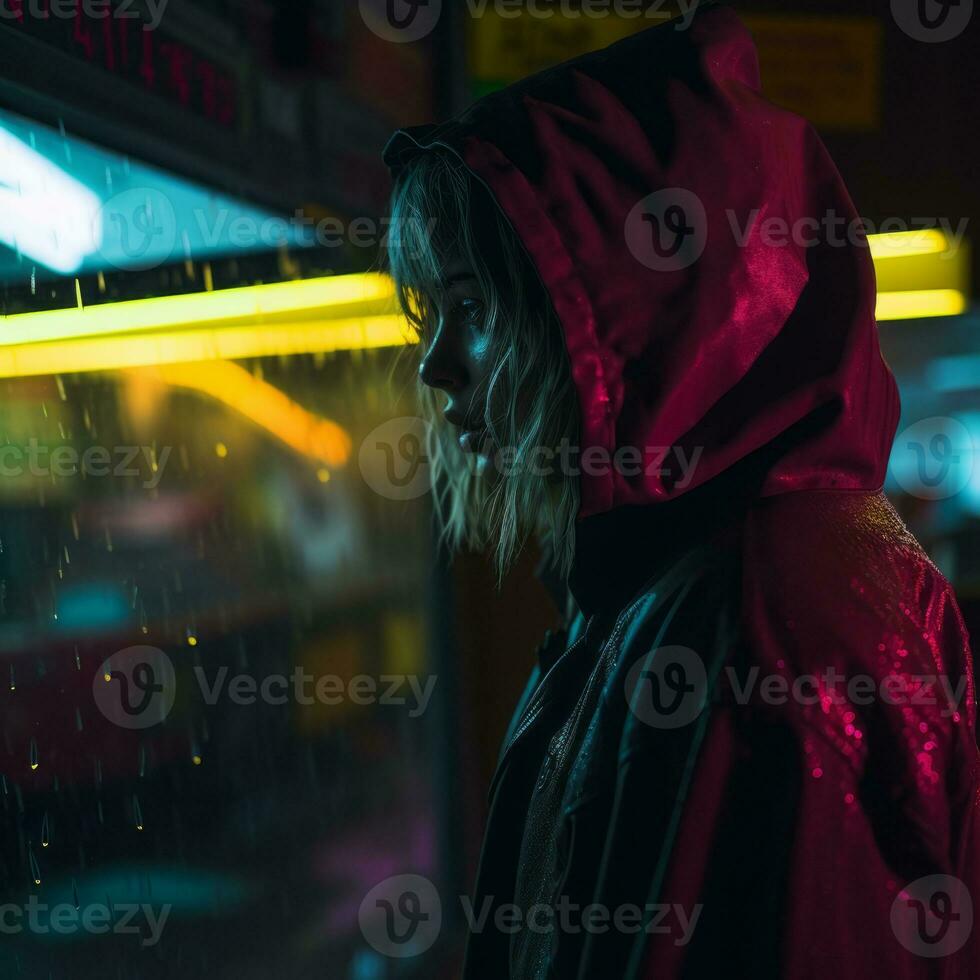 a woman in a red hoodie stands in front of a neon sign generative ai photo