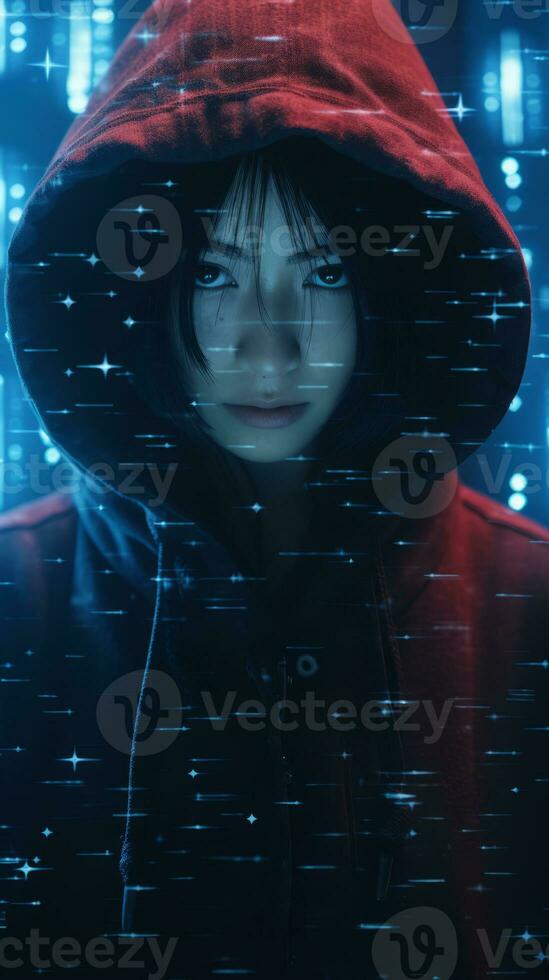 a woman in a red hoodie standing in front of a computer screen generative ai photo