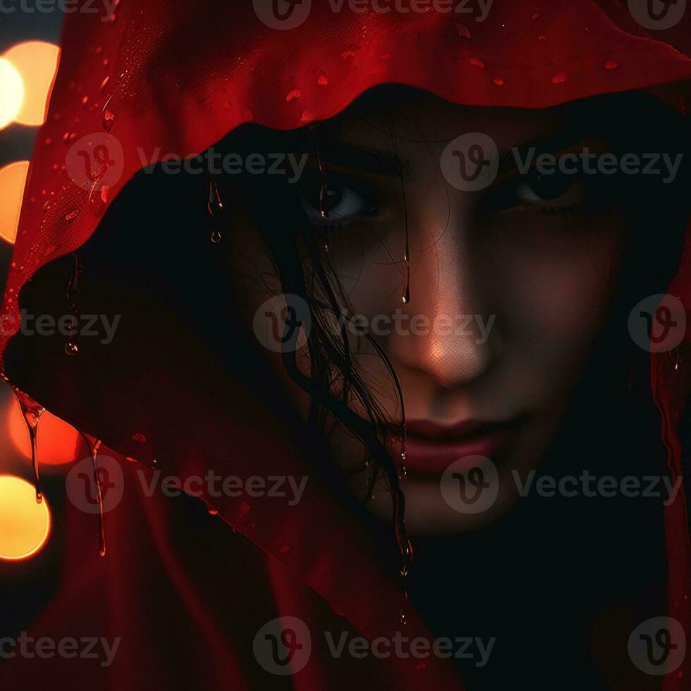 a woman in a red hoodie with water droplets on her face generative ai photo