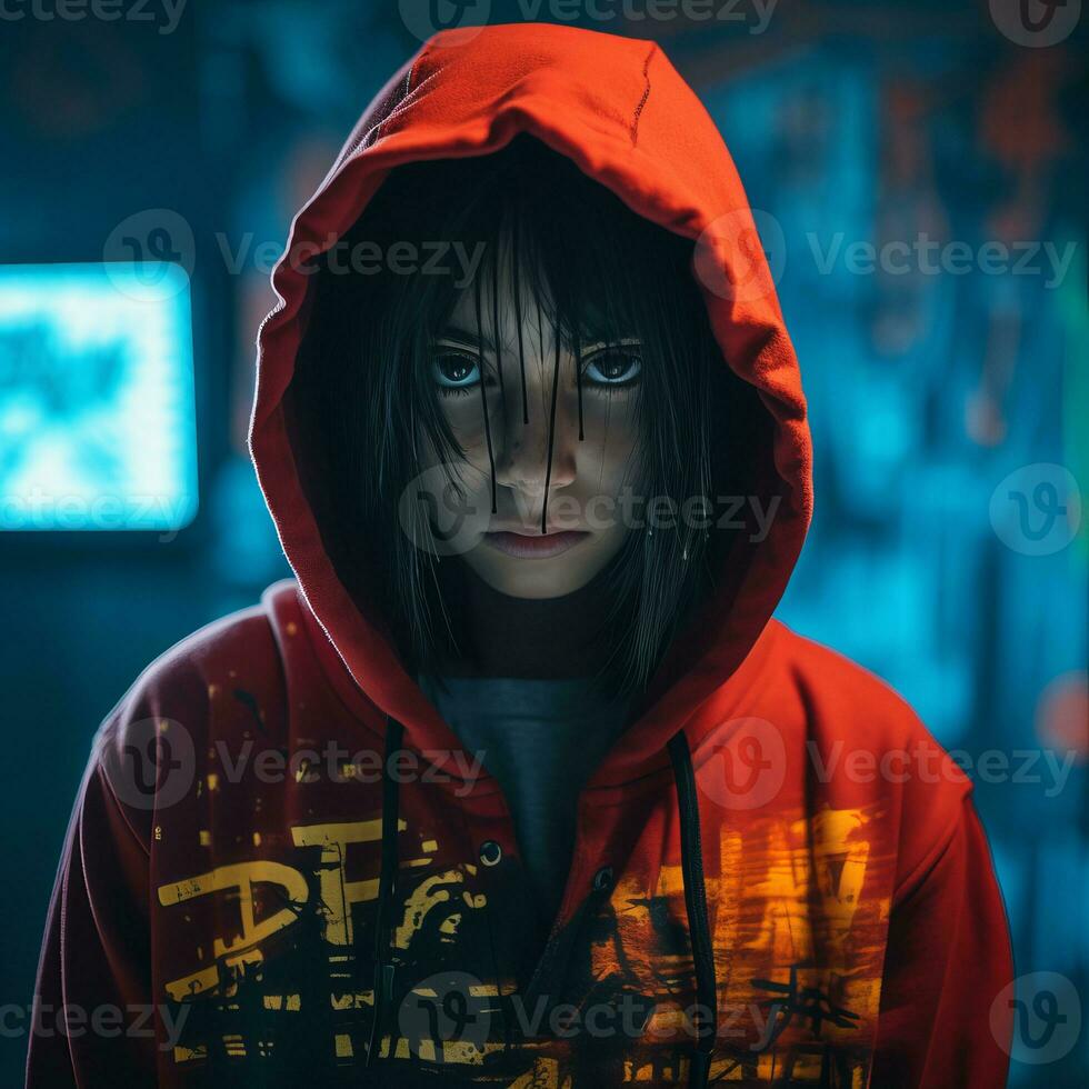 a woman in a red hoodie with blue eyes generative ai photo