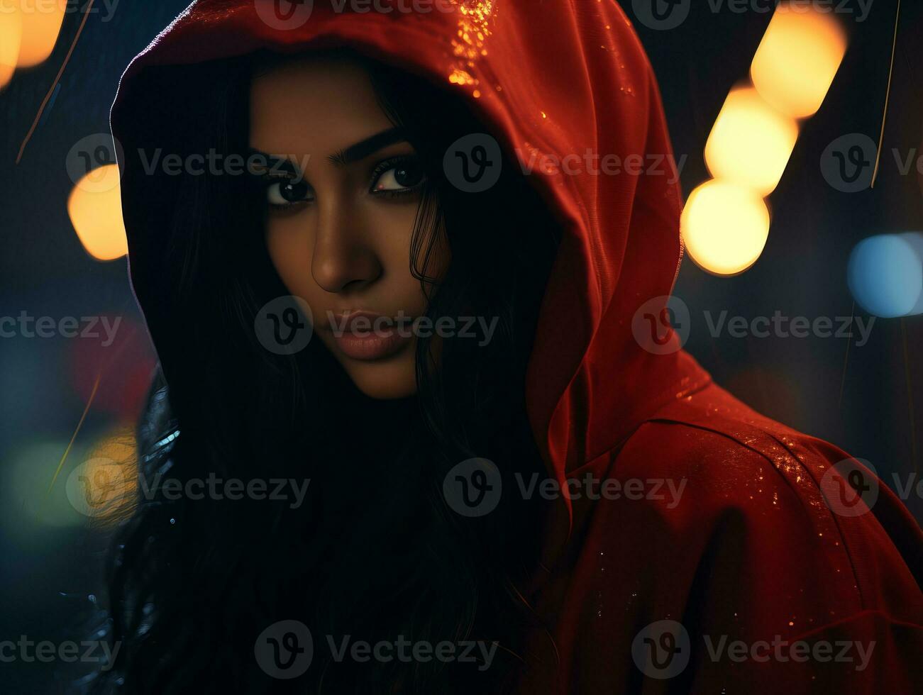 a woman in a red hoodie standing in the rain generative ai photo