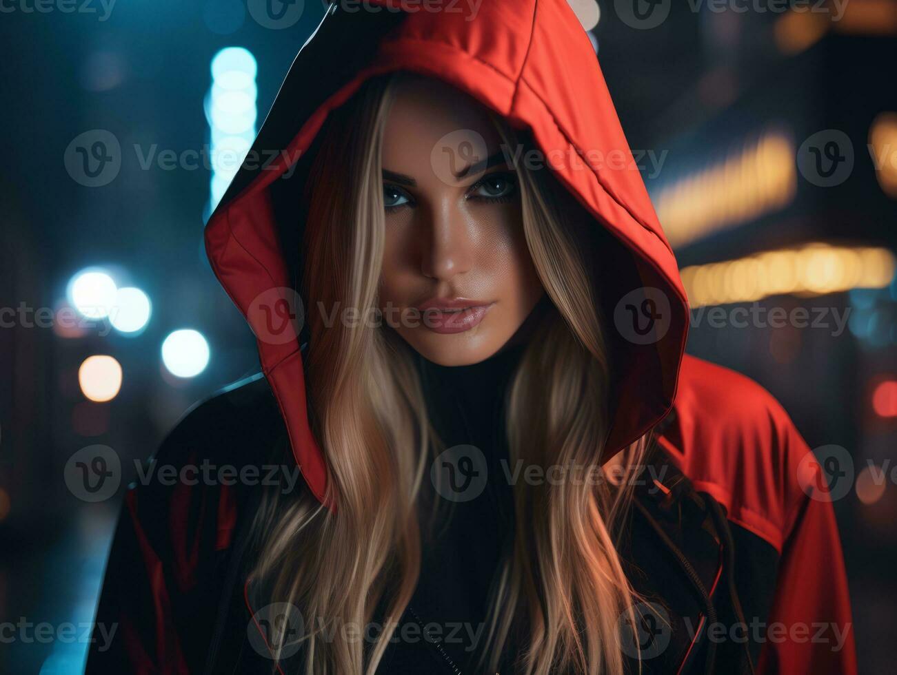 a woman in a red hoodie standing on the street at night generative ai photo