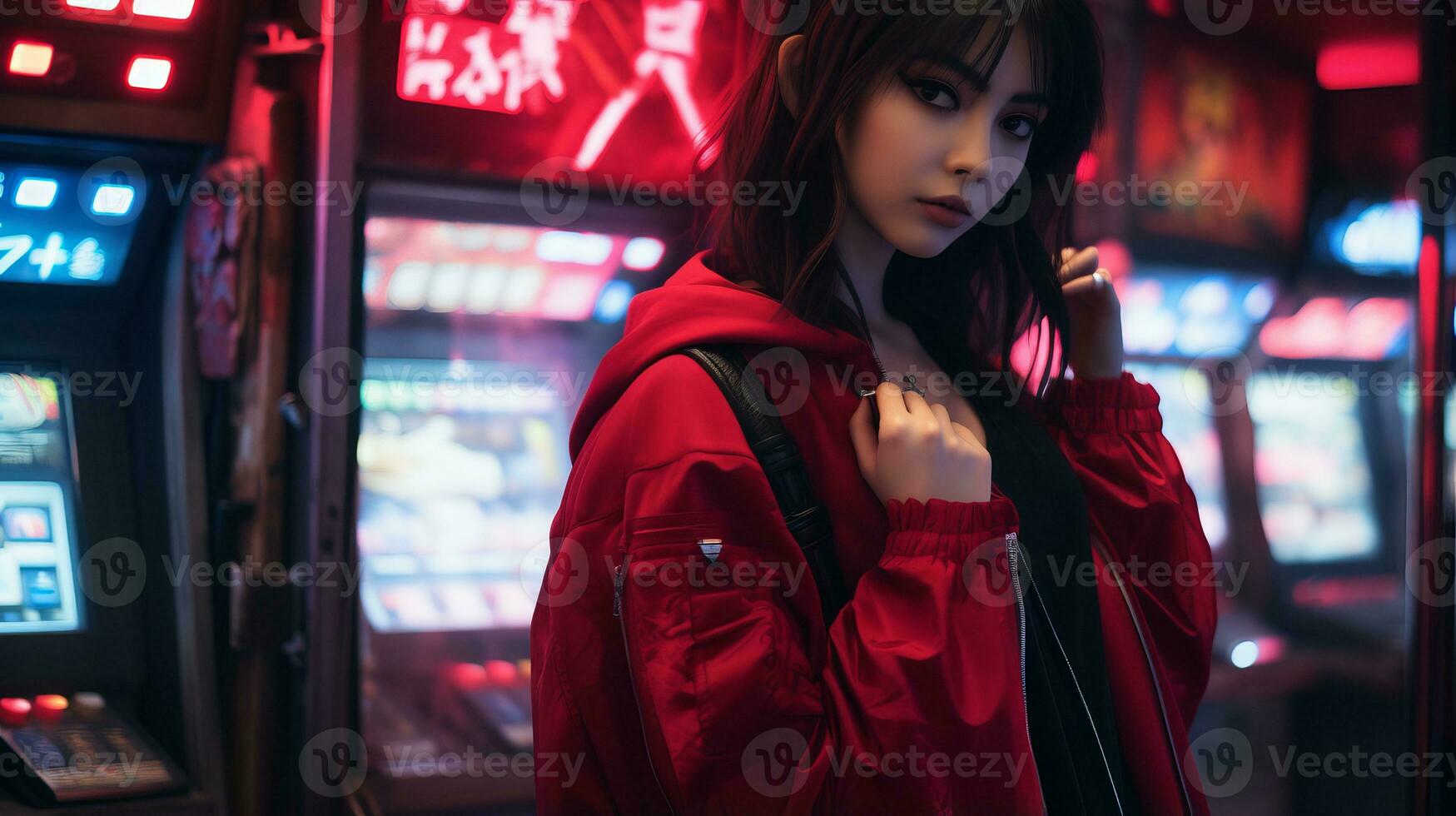 a woman in a red jacket standing in front of a casino generative ai photo