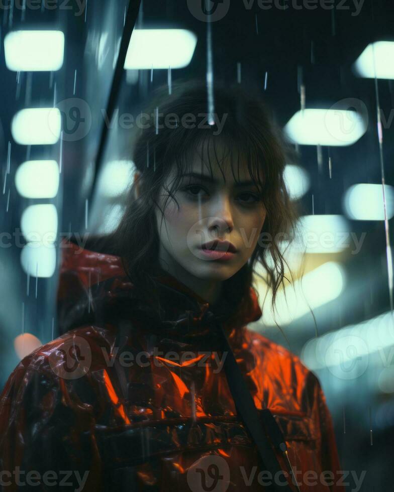 a woman in a red jacket standing in the rain generative ai photo