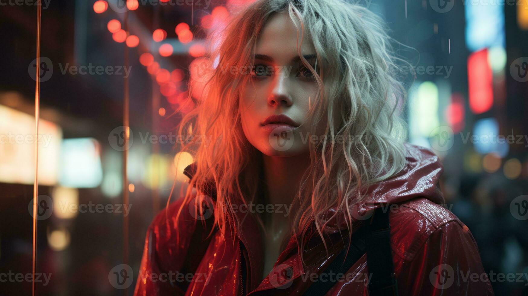 a woman in a red jacket standing in the rain generative ai photo