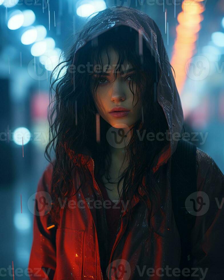 a woman in a red jacket standing in the rain generative ai photo