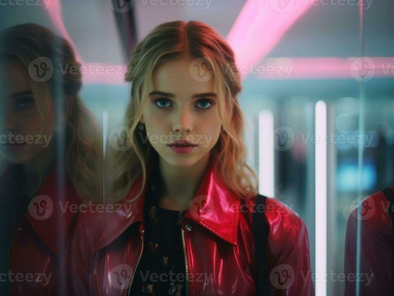 a woman in a red leather jacket standing in front of a mirror generative ai photo