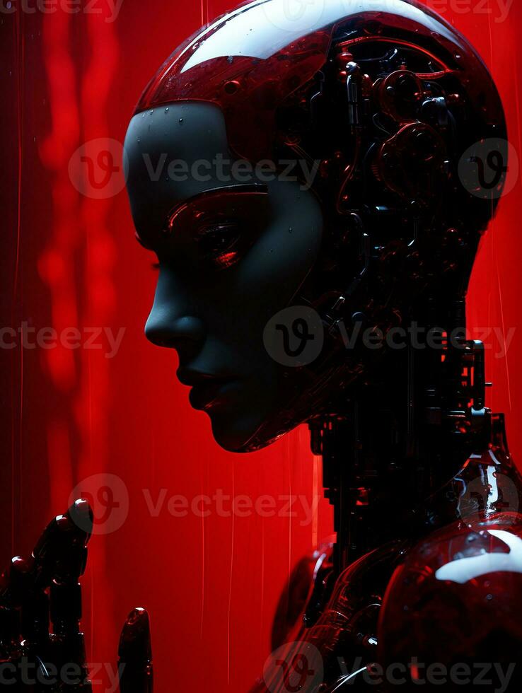 a woman in a red suit with a robot head generative ai photo