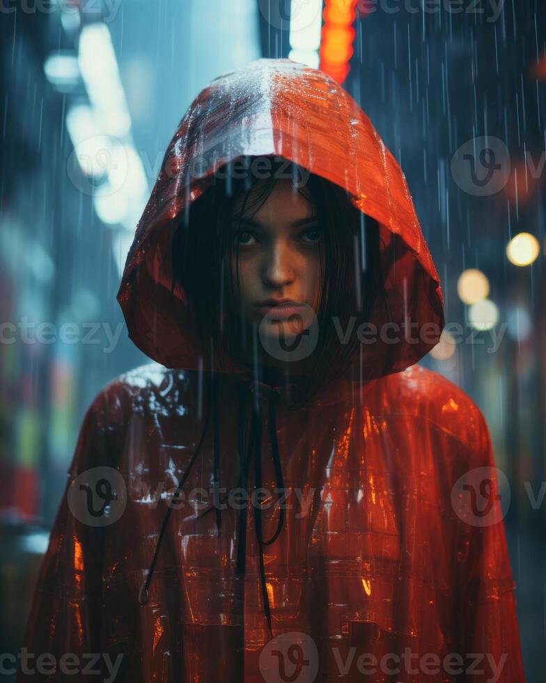 a woman in a red raincoat standing in the rain generative ai 32122928
