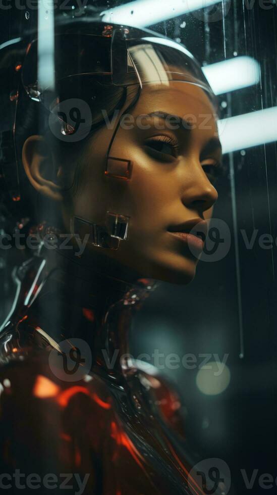 a woman in a red suit with her eyes closed generative ai photo