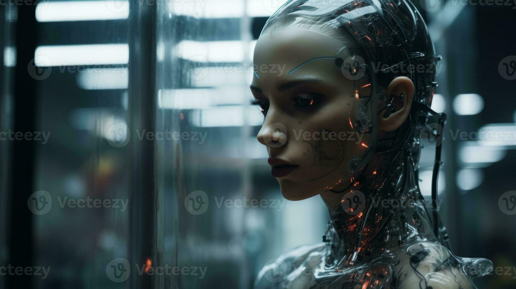 a woman in a robot suit standing in front of a glass wall generative ai photo