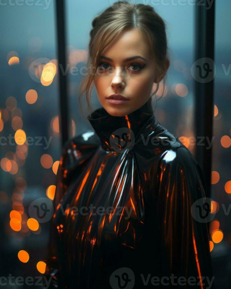 a woman in a shiny black dress standing in front of a cityscape generative ai photo