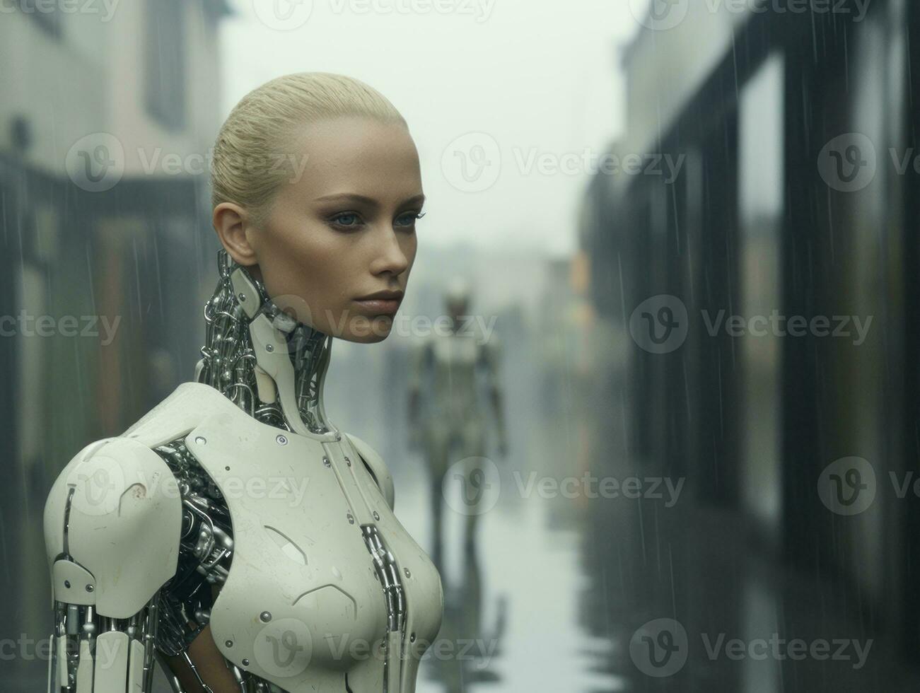 a woman in a robot suit standing in the rain generative ai photo