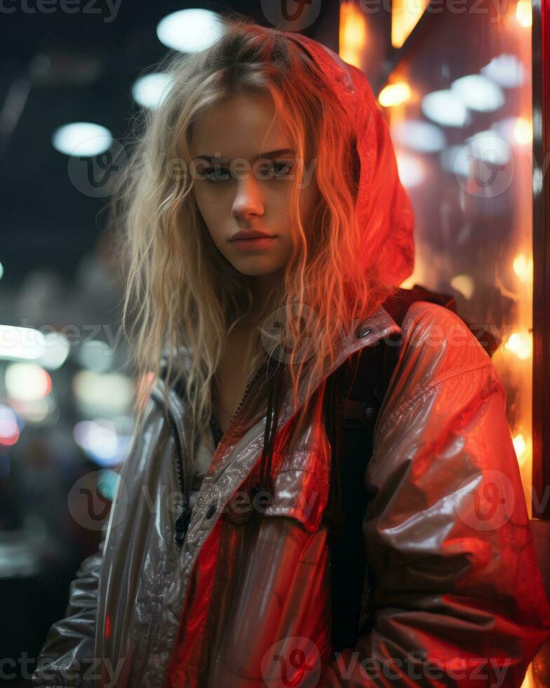 a woman in a shiny jacket standing in front of a neon sign generative ai photo