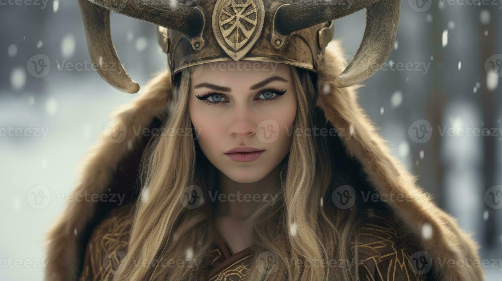 a woman in a viking costume with horns on her head generative ai photo