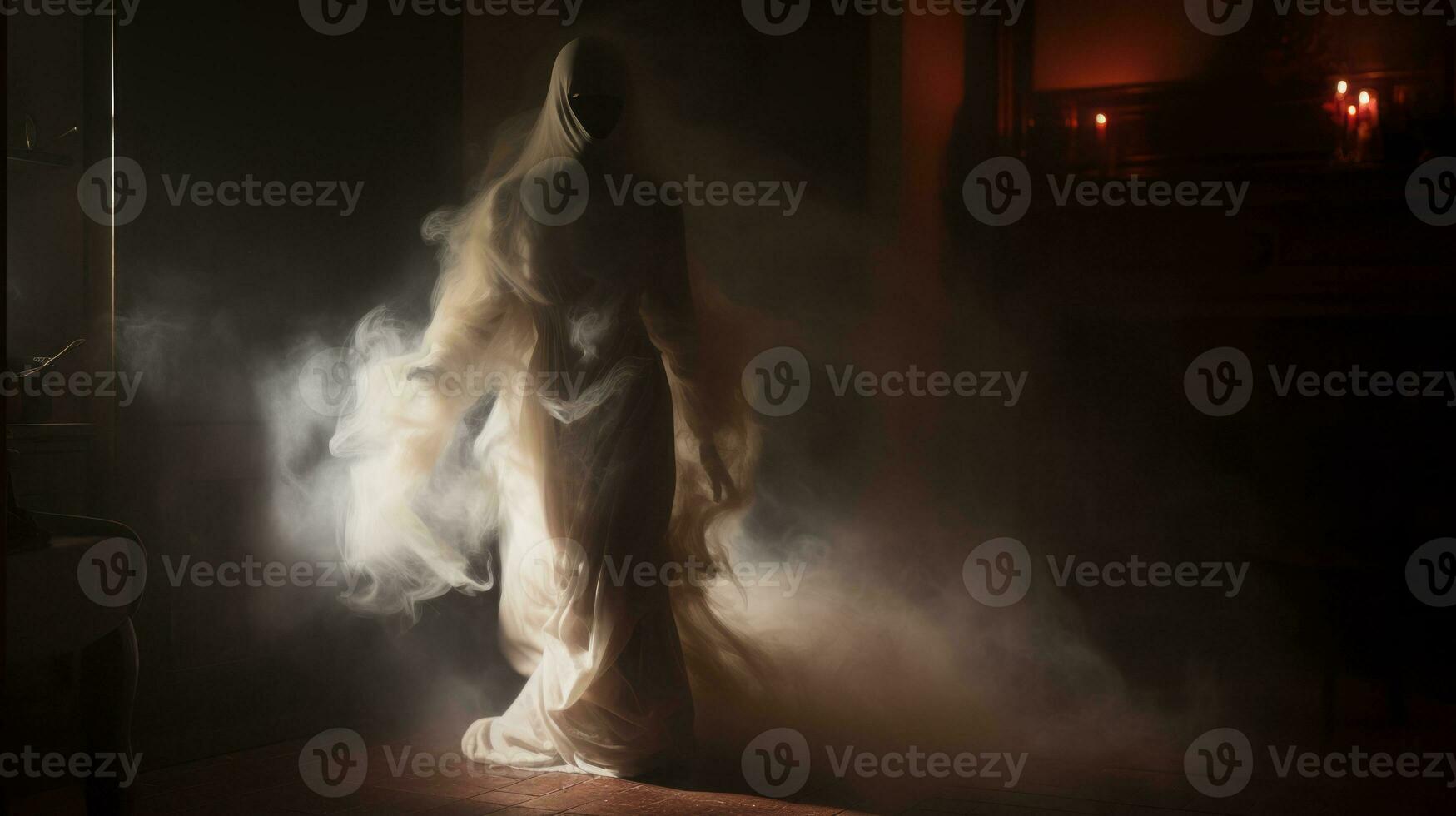 a woman in a white dress is standing in the dark with smoke coming out of her hair generative ai photo