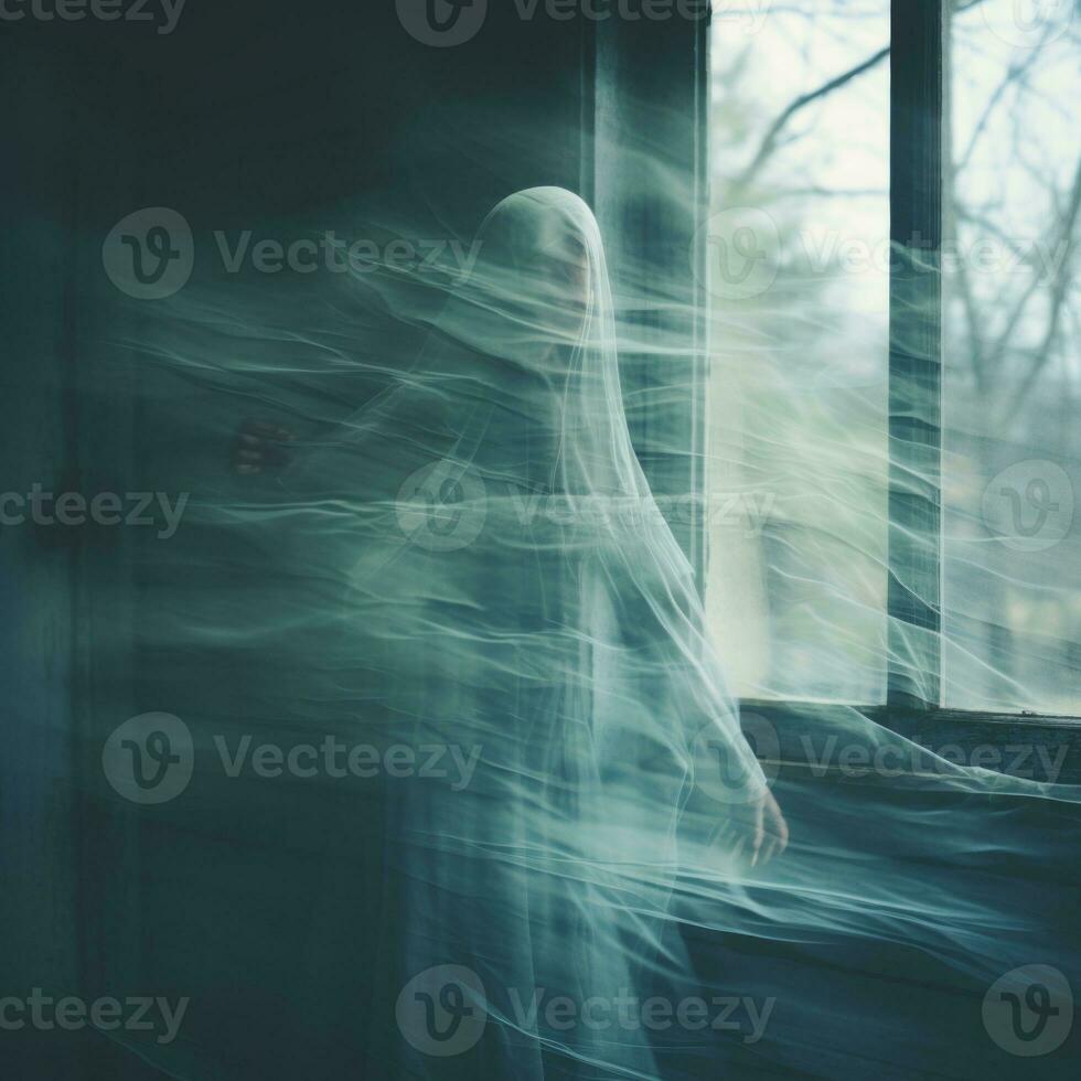 a woman in a white dress standing in front of a window generative ai photo