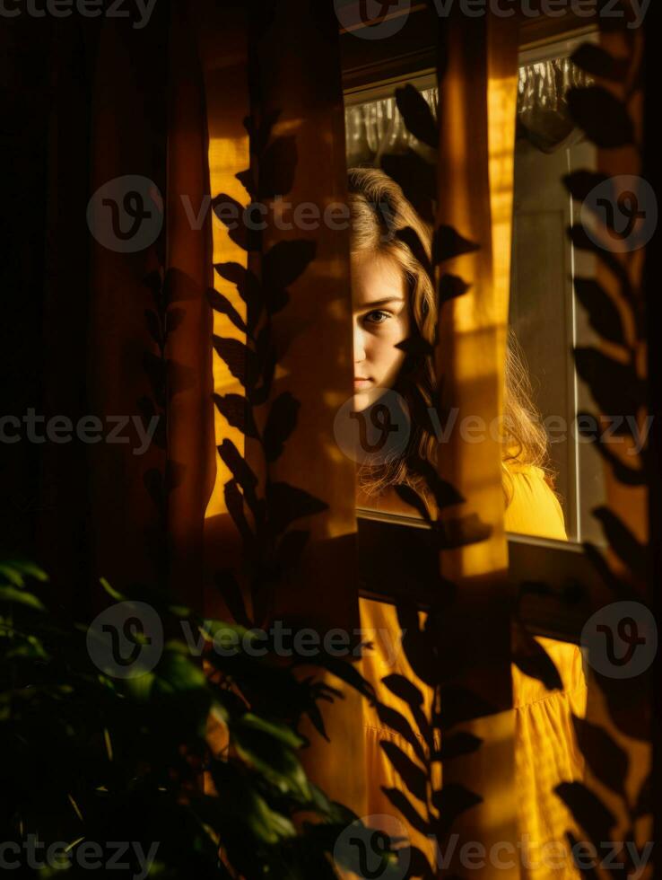 a woman in a yellow dress looking out the window generative ai photo