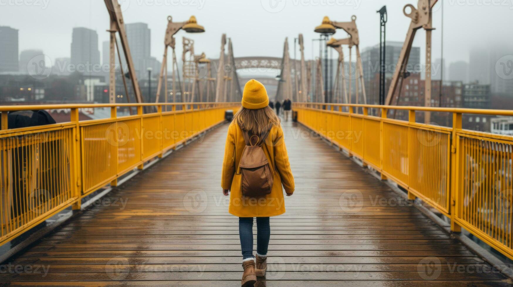 a woman in a yellow coat walking across a bridge in the rain generative ai photo
