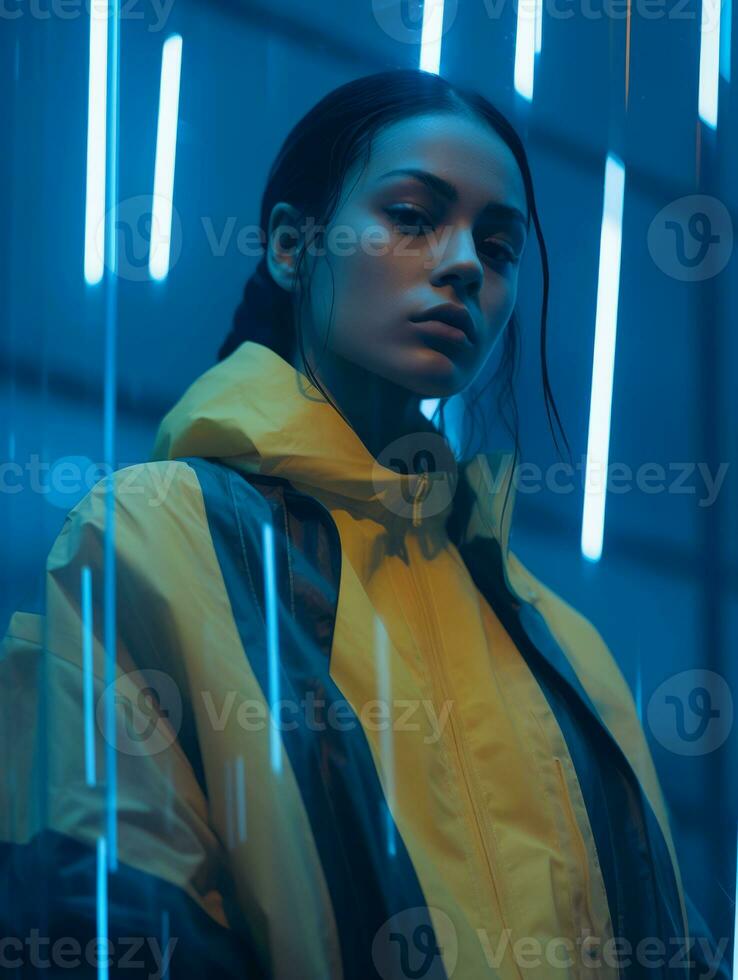 a woman in a yellow jacket standing in front of neon lights generative ai photo