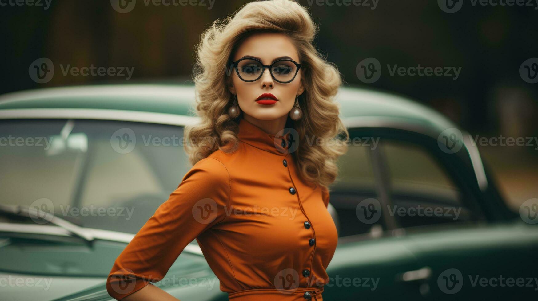 un mujer en un naranja vestir y lentes en pie siguiente a un antiguo coche generativo ai foto
