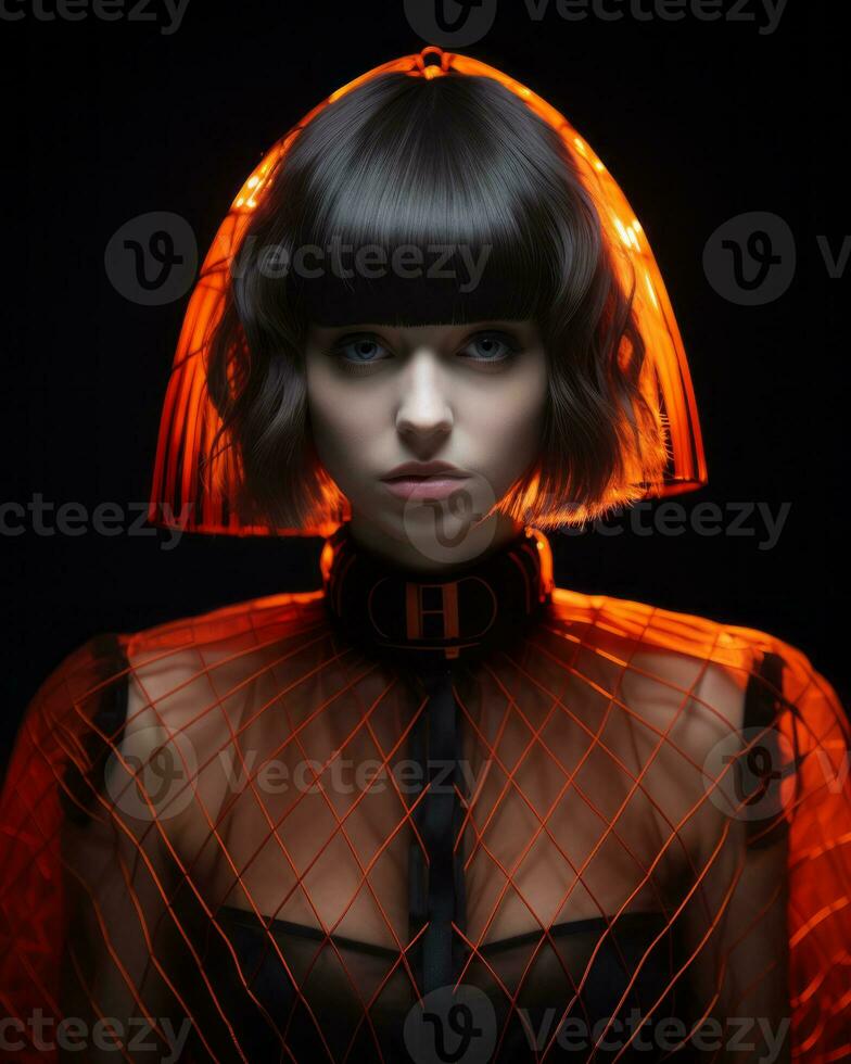a woman in an orange dress with a black wig generative ai photo
