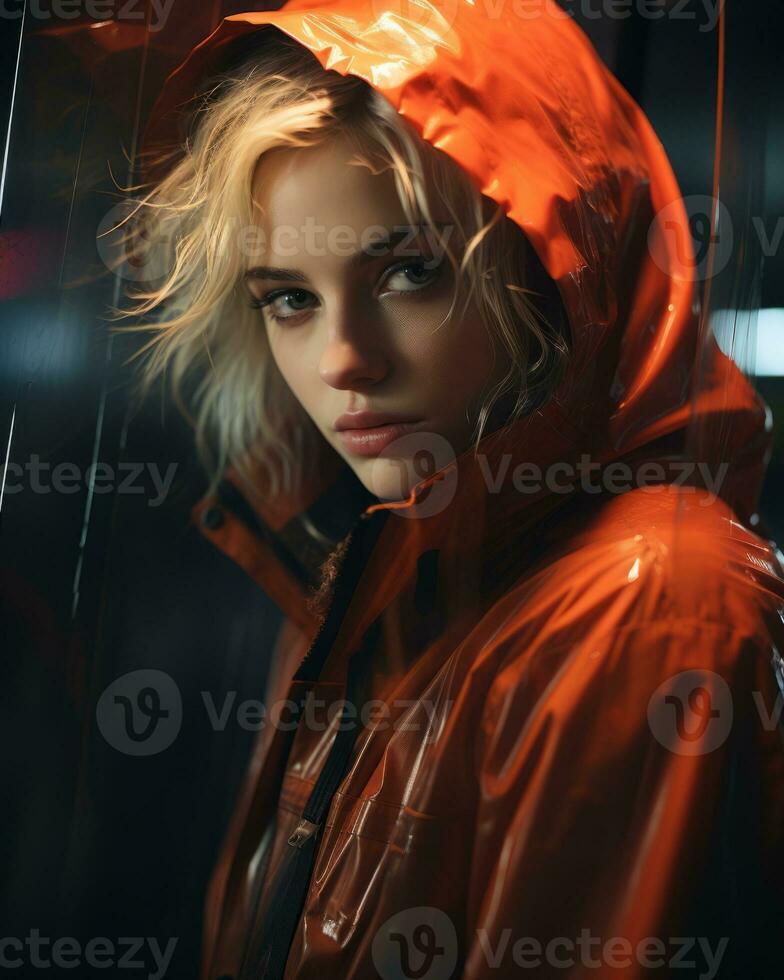 a woman in an orange raincoat generative ai photo
