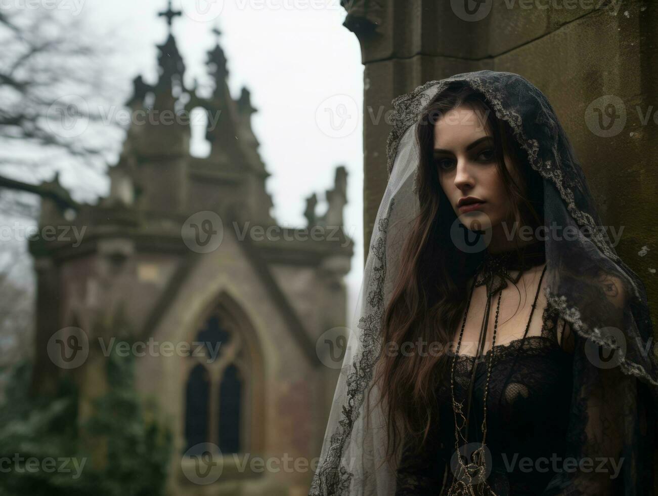 a woman in gothic dress standing in front of an old church generative ai photo
