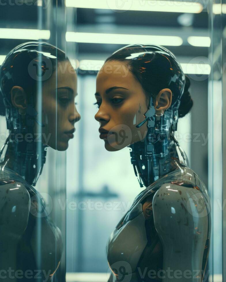a woman in front of a mirror with a robot in the background generative ai photo