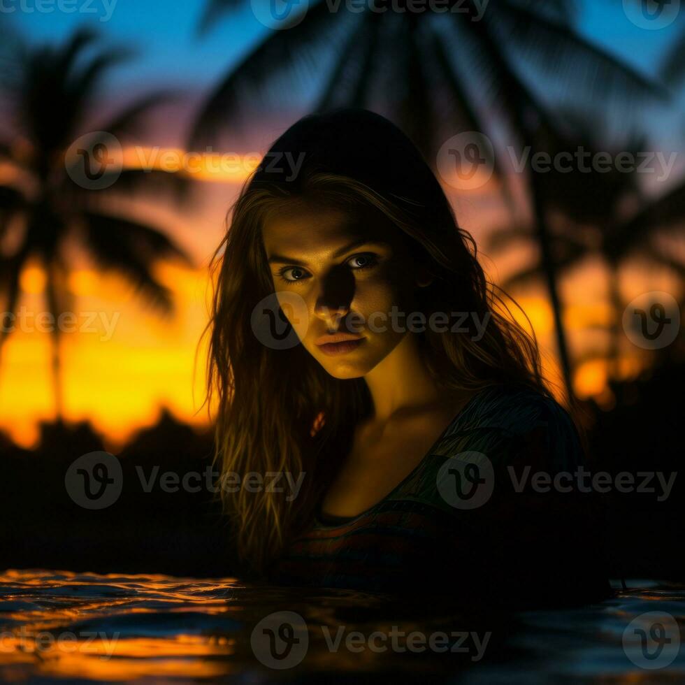 a woman in the water at sunset with palm trees in the background generative ai photo