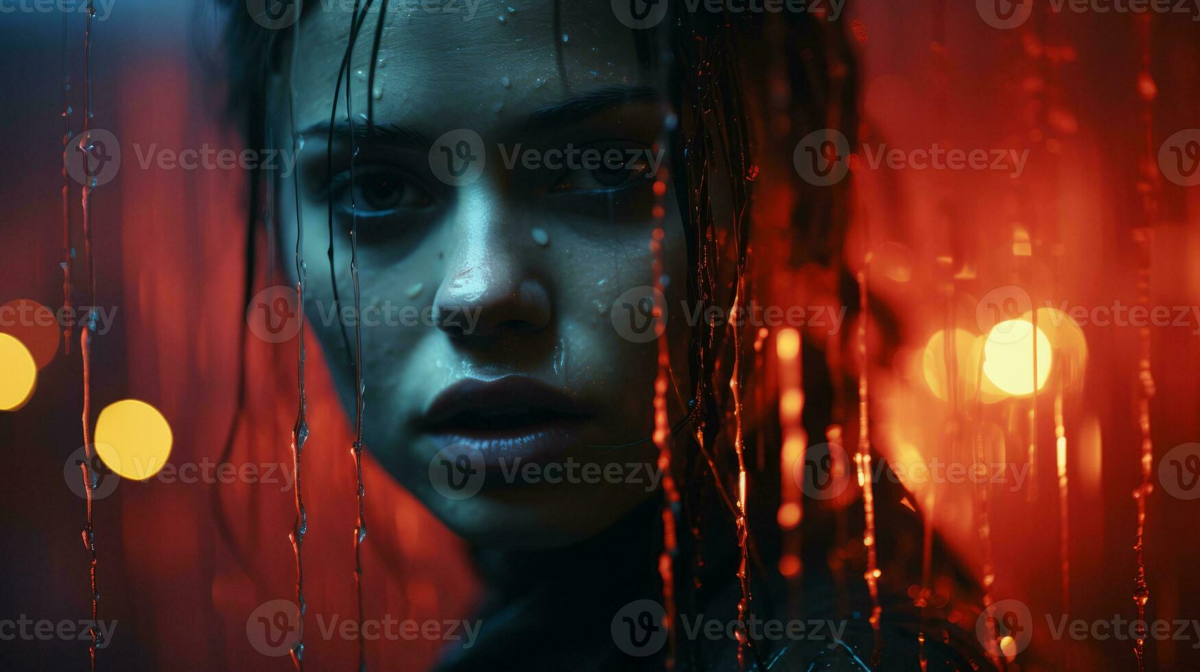 a woman in the rain with red lights behind her generative ai photo