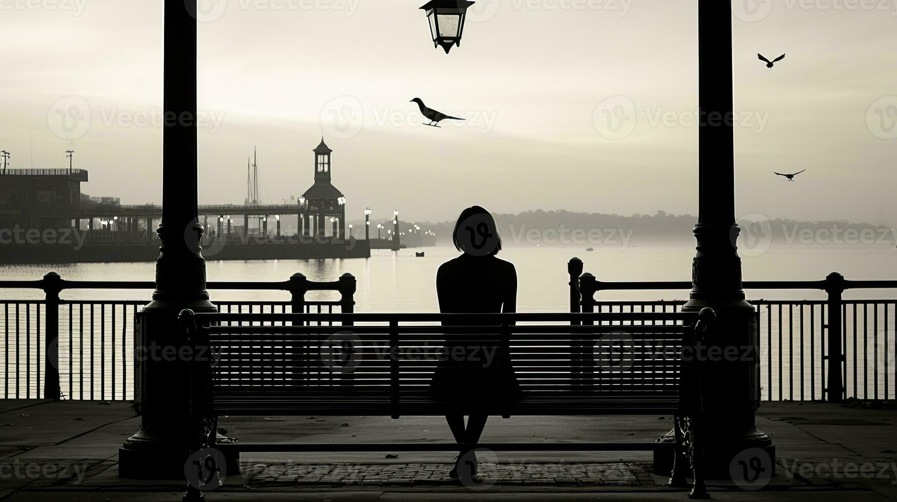 a woman is sitting on a bench by a body of water generative ai photo