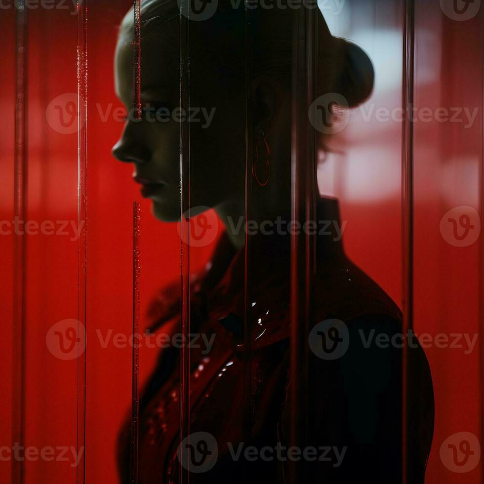 a woman is standing in front of a red curtain generative ai photo