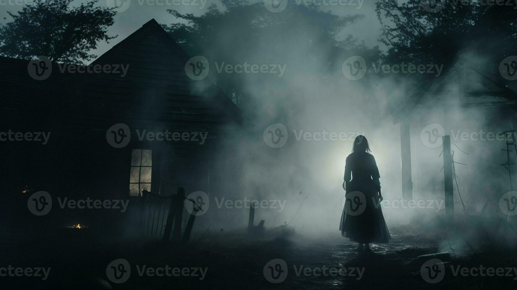 a woman is standing in front of an old house at night generative ai photo