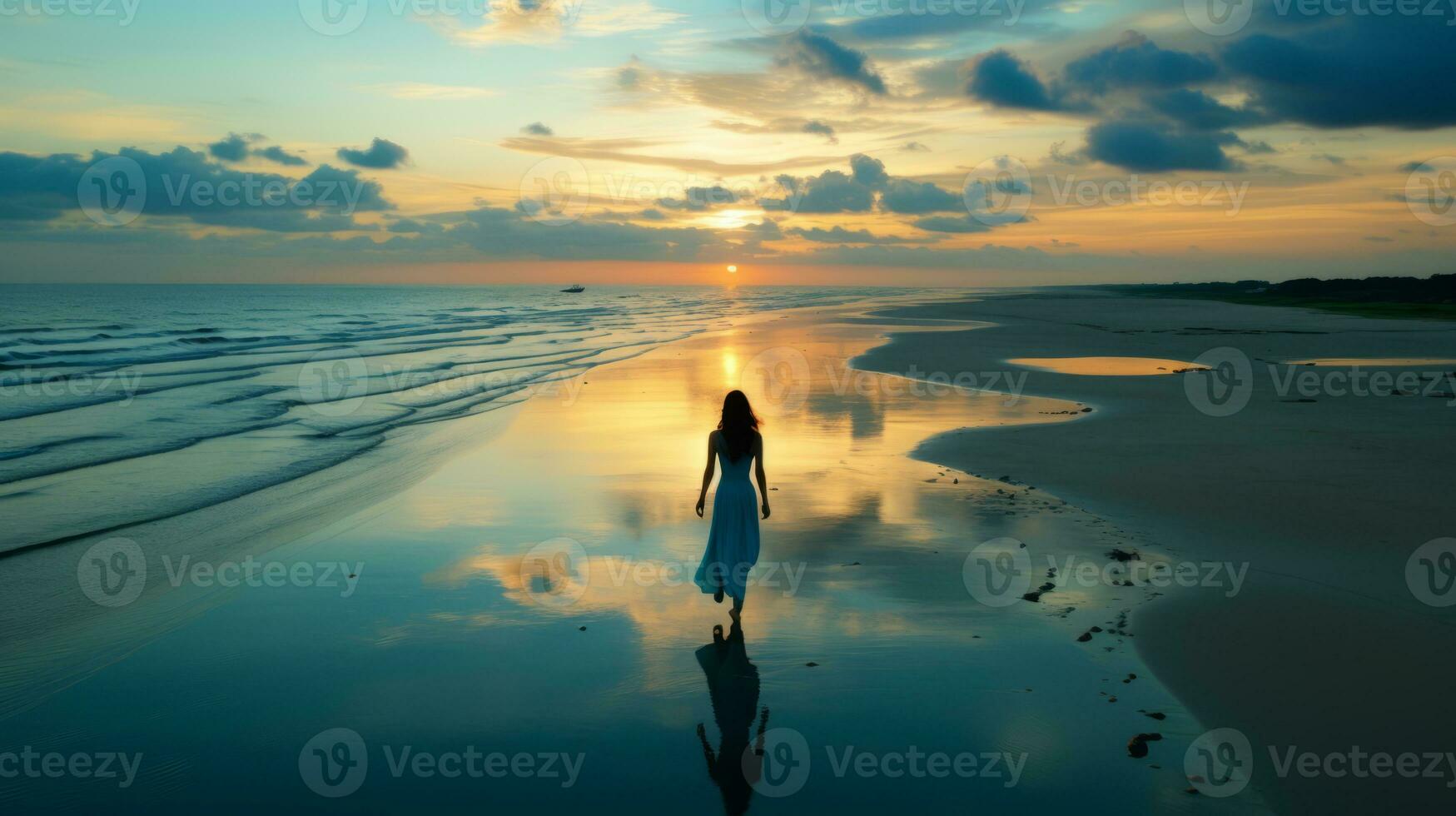 a woman is walking on the beach at sunset generative ai photo